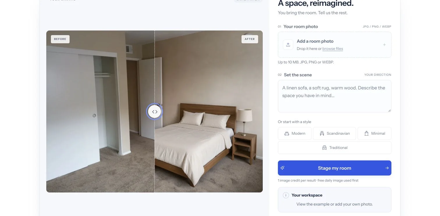 Virtual Staging AI Studio workspace showing a sample bedroom before and after digital furnishing