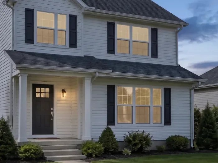 Virtual twilight AI edit of the same exterior — enlarged detail from the same result