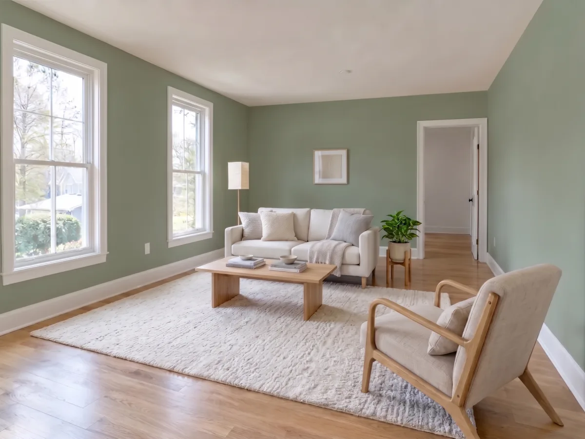 Sage green wall edit in our AI-created furnished living room